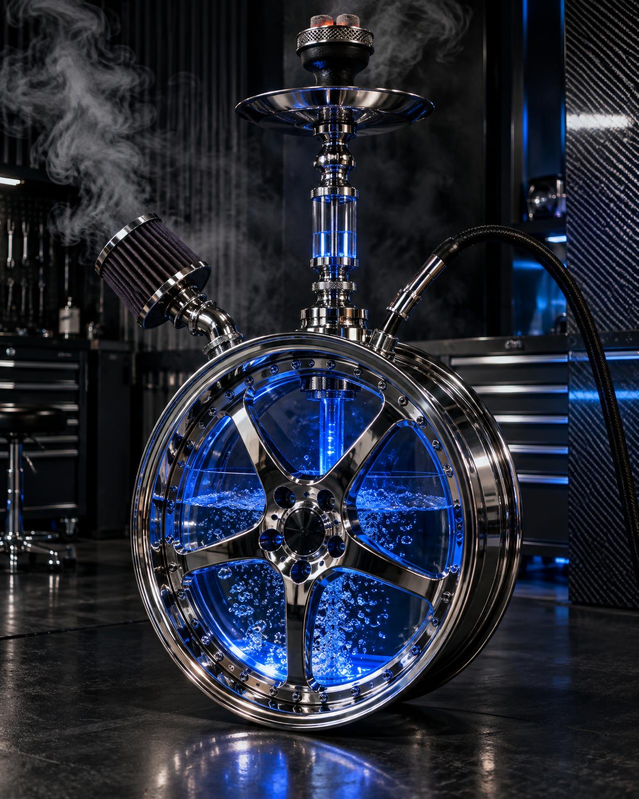 Chrom-Felgen-Shisha mit blauer Innenbeleuchtung