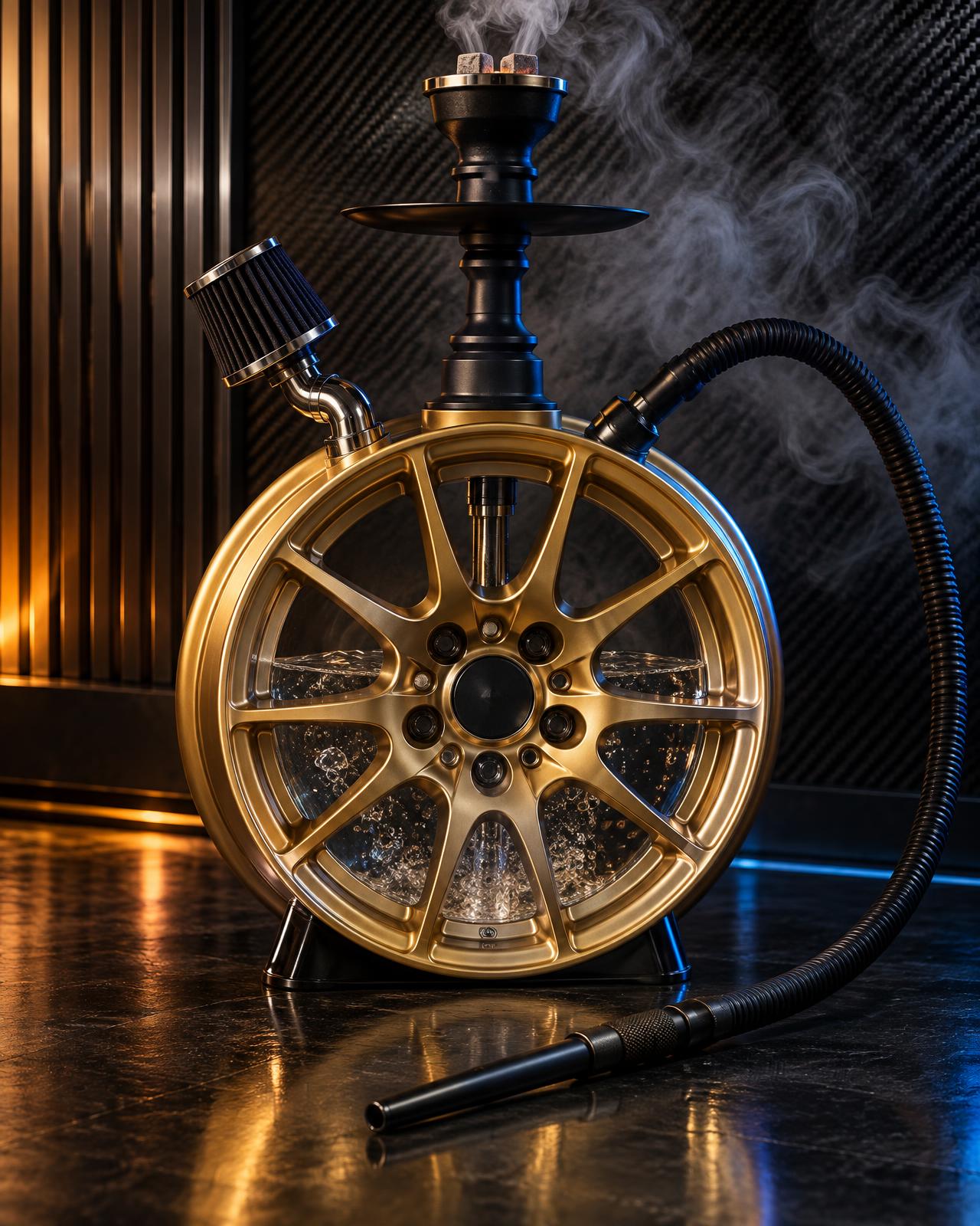 Goldene Felgen-Shisha mit Carbon-Hintergrund